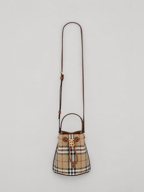 Burberry Handbags - Burberry Beige Vintage Check Leather-Trim Drawstring Crossbody Bag
